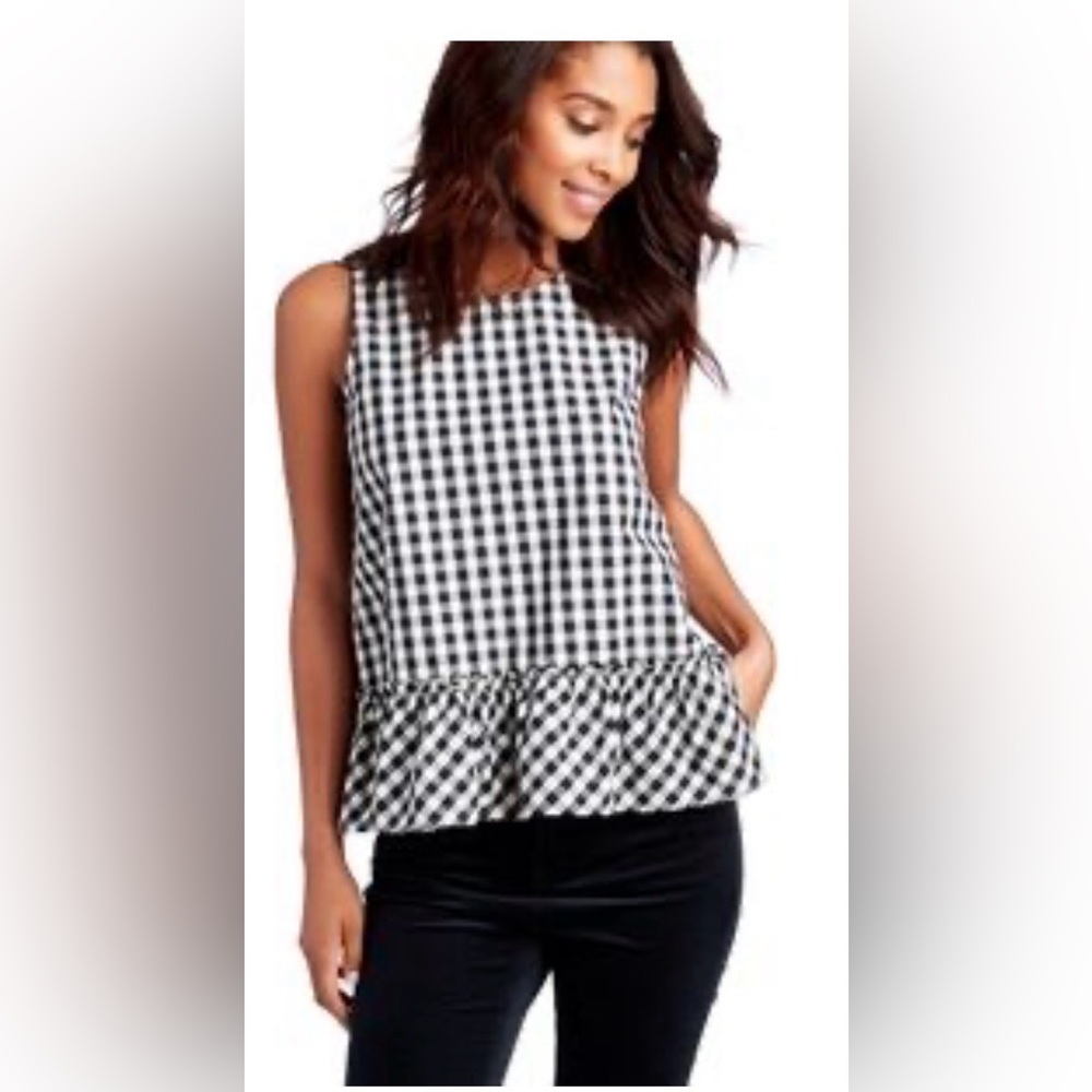 Vineyard Vines Black and White Gingham Ruffle Hem Sleeveless Top